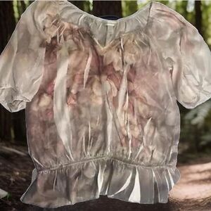 Christopher & Banks Womens Floral Short Sleeve V-Neck Blouse Top Size L